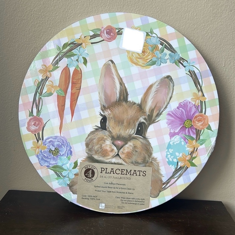 Benson Mills Set Of 4 Cork Placemats New Easter Bunny Carrots Floral Round